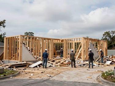 Wide-angle site photo of a residential demolition in progress, crew removing old wood-frame wall sections, debris staged on driveway, overcast natural light