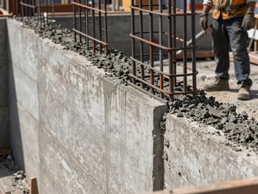 Close-up of a concrete foundation wall being poured, rebar visible through fresh concrete, crew member working at the form edge, natural daylight on a job site