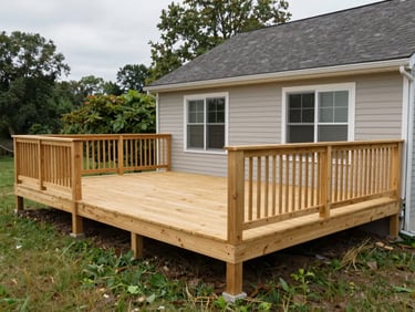 Environmental shot of a completed pressure-treated deck attached to a Rochester home, railings installed, viewed from the yard, overcast daylight, no people