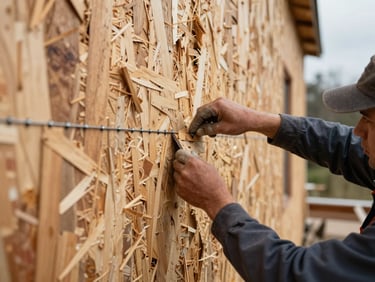 Detail shot of a crew member patching a section of damaged exterior wall sheathing, new OSB panel being nailed in place, job-site surroundings visible, overcast daylight