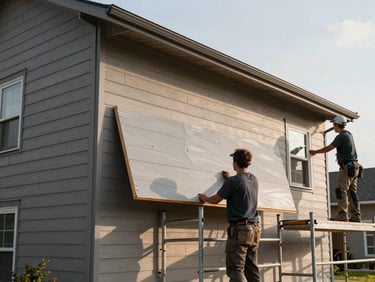 Wide shot of a house exterior with new fiber cement siding panels installed, crew member on scaffolding securing a board, midday natural light