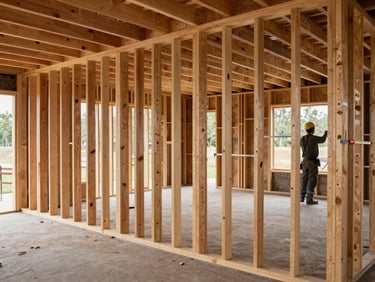 Wide shot of interior wall framing in progress, lumber studs and top plates installed in a residential addition, crew member measuring at far wall, daylight through open frame