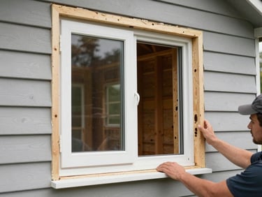 Close-up of a new double-hung window being set into a freshly framed rough opening, crew hands guiding the unit into place, exterior siding visible around the opening