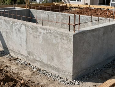 Wide shot of a concrete foundation wall and footing pour at a residential site, formwork partially removed, natural daylight, site gravel and soil visible, no people