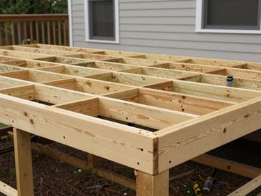 Environmental shot of a newly framed pressure-treated deck structure behind a house, joists and ledger board visible, tools staged on the deck frame, natural daylight