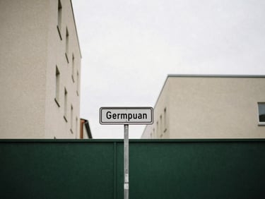 Minimalist street scene in Berlin with clean architectural lines and a clear German street sign, soft overcast daylight, 35mm film aesthetic