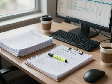 Wide desk workspace shot from above under office window daylight — stacks of government program documentation, a highlighter resting on an open binder, a coffee cup at the edge, and a monitor displaying a spreadsheet in the background. Calm, organised, task-oriented. No people visible.