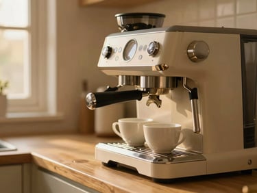 Close-up of a modern kitchen counter with a high-end espresso machine, two porcelain cups, warm morning light, shallow depth of field