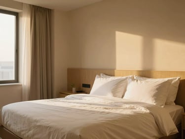 Quiet elegant apartment bedroom, high-thread-count linens, warm beige walls, soft natural light, minimalist design hotel aesthetic