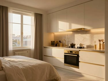 Modern luxury one-bedroom apartment interior, fully equipped kitchen with gold fixtures, warm ambient lighting, soft cream linens, editorial hospitality photography
