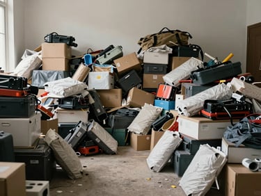 Wide environmental shot of a heavily cluttered room in the process of being cleared, stacked items being sorted into piles on bare floor, neutral overcast daylight, no people visible, scale of accumulation evident