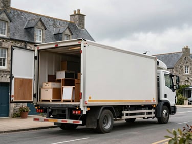 Documentary shot of a loaded removal truck parked outside a Breton stone building, back doors open showing stacked furniture and boxes, grey overcast sky, no people, work in progress