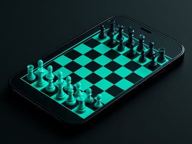 Sleek 3D device render of a minimalist chess board on a mobile screen, dark moody background, sharp neon mint accents, crisp studio lighting, isometric perspective
