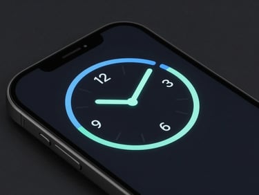 Close-up detail of a minimalist timer interface on a phone screen, clean typography, cool blue accents