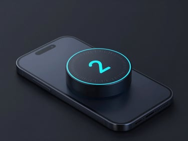 Sleek 3D device render of a dark-mode circular countdown timer on a mobile screen, dark moody background, cool blue accents, crisp studio lighting, isometric perspective