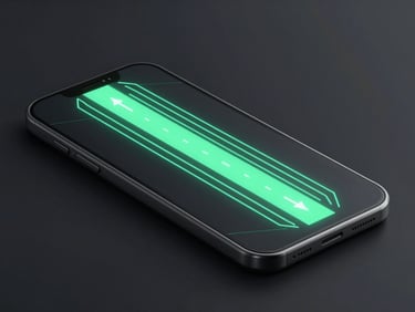 Sleek 3D device render of a fast-paced abstract neon vector path on a mobile screen, dark moody background, sharp neon mint accents, crisp studio lighting, isometric perspective
