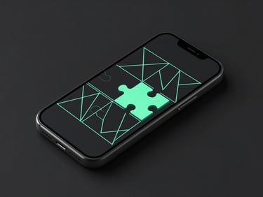 High-fidelity mobile mockup showing a sleek geometric puzzle game, neon mint lines, dark background
