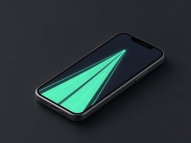 Isometric phone mockup displaying a high-speed vector racing game, sharp neon mint trail