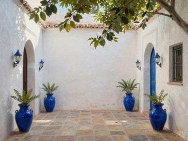 Oil painting of a hidden Andalusian patio with blue flower pots on whitewashed walls, sunlight filtering through green leaves, styled in a warm minimalist home.