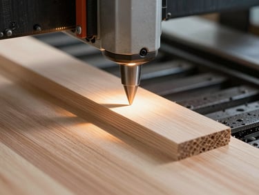 Cận cảnh đầu máy cắt CNC công nghiệp đang gia công chính xác trên tấm gỗ sồi ấm, phôi gỗ mịn màng, ánh sáng tập trung vào mũi cắt kỹ thuật.