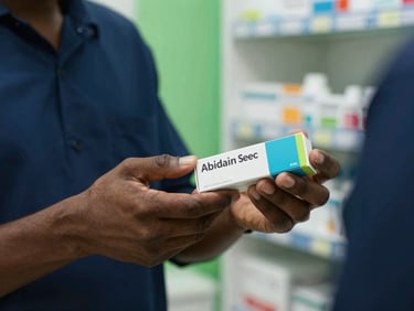 Close-up of hands scanning a medicine box in a modern Abidjan pharmacy, soft natural daylight, professional environment.