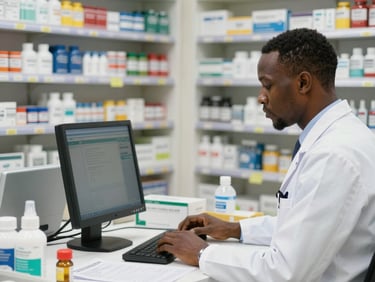 A smartphone screen displaying a successful Wave mobile money payment confirmation inside a clean pharmacy, soft green ambient glow.