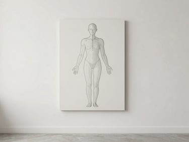 Anatomical alignment graphic on a minimalist studio wall, bright diffused daylight, neutral muted tones, sharp focus.