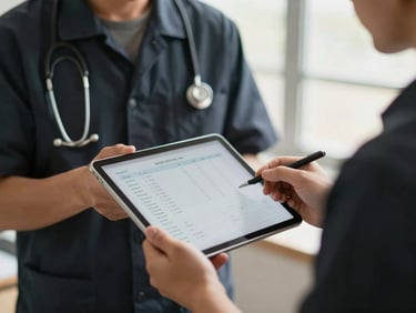 Close-up of a technician presenting a digital tablet with a clear, itemized estimate to a client, professional and trustworthy interaction.
