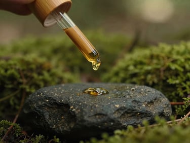Close-up of essential oil dripping from a bamboo dropper onto a dark stone, soft warm lighting, 35mm.