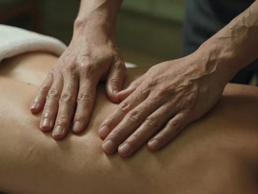 Macro shot of hands performing deep tissue massage on a shoulder, warm low-key light, shallow depth of field, 35mm.