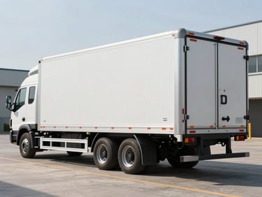 Wide shot of a clean, modern transport vehicle with secured cargo on a flatbed trailer, geometrically aligned, bright daylight, high contrast, industrial setting.