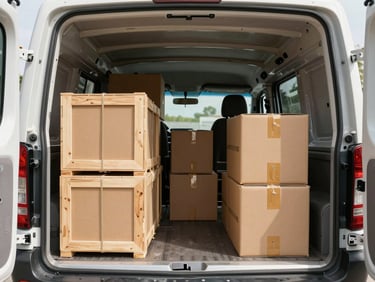 A wide, clean interior of a transport vehicle's cargo bed, showing neatly stacked and strapped wooden crates and cardboard boxes. Bright daylight streams in from the open back doors.