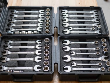 Symmetrically organized tool chest with black foam inserts, high-quality wrenches and sockets arranged perfectly, bright crisp daylight, industrial aesthetic
