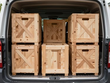 A clean, organized cargo bed of a transport vehicle loaded with secured wooden crates, bright daylight, geometric alignment.