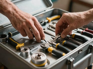 Hands organizing tools in a structured metal toolbox, high contrast daylight, focus on physical tools and order.