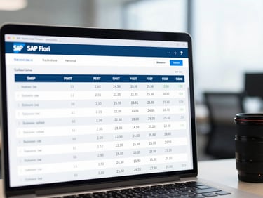 Clean screenshot of SAP Fiori financial dashboard showing balance sheets, sharp focus, professional corporate lighting, 35mm lens