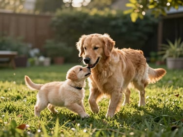 A beautiful Golden Retriever mother with her puppy playing gently on lush green grass in an open-air garden, soft golden hour sunlight, natural and candid framing.