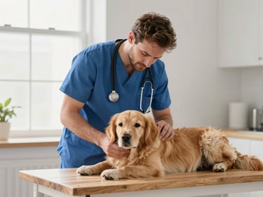 Un veterinario con uniforme azul examinando con delicadeza a un cachorro de Golden Retriever sobre una camilla de madera clara, iluminación natural de ventana.
