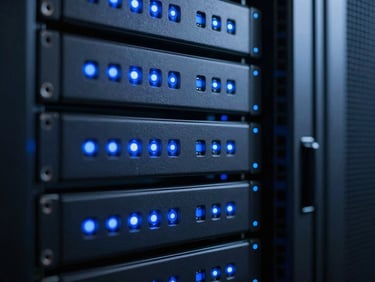 Abstract close-up of dark server racks with blinking electric blue status lights, clean technical architecture feel, cool low-key light