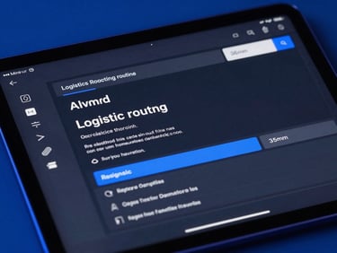 Macro shot of a dark mode tablet showing clean logistics routing interface, cool blue ambient light, high contrast, sharp focus