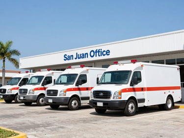 Wide-angle daytime photo of branded emergency response trucks lined up outside the San Juan dispatch office, bright tropical sun, sharp focus