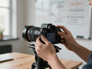Close-up shot of hands adjusting a professional camera rig on a wooden desk, in the background a blurred whiteboard with marketing flowcharts, natural diffused window light.