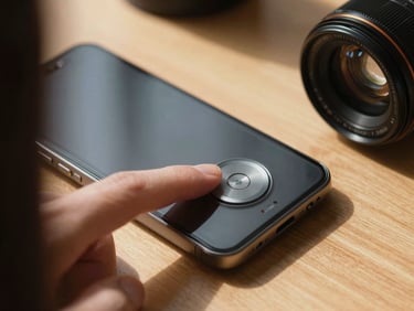Close-up over-the-shoulder shot of a thumb pressing a springy, button-like widget on a Pixel phone, warm morning sunlight casting soft shadows on a wooden desk.