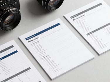 Strict flat-lay of printed corporate brand guidelines, perfect alignment on a light gray surface, cool shadows.