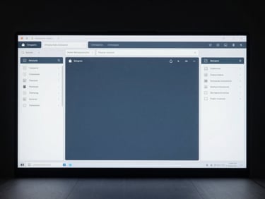 Orthographic macro projection of a clean digital UI wireframe, cool softbox lighting, slate blue and white interface elements in perfect alignment.