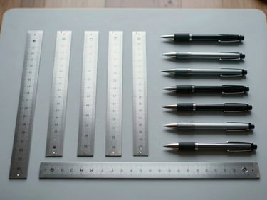 Flat-lay of minimalist studio tools, aluminum rulers and drafting pens in strict alignment on a light gray cutting mat, cool diffused daylight.