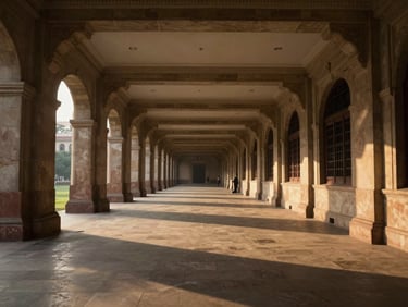 Wide cinematic shot of the grand stone corridors of a New Delhi ministry building at golden hour, long dramatic shadows, empty of people, conveying absolute institutional authority and quiet discretion.