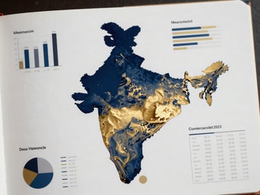 Abstract high-end data visualization showing clean demographic charts and geographic heatmaps of India, rendered in deep navy and champagne gold, crisp editorial typography.
