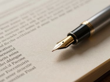 A tight macro shot of a gold-nibbed fountain pen resting on thick, textured academic report paper, warm side-lighting highlighting the paper's grain, shallow depth of field, quiet luxury consulting aesthetic.