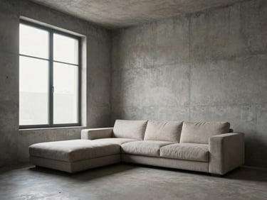 A minimalist residential living room with raw concrete walls, a low-profile mid-century sofa, and soft natural light from a high window.